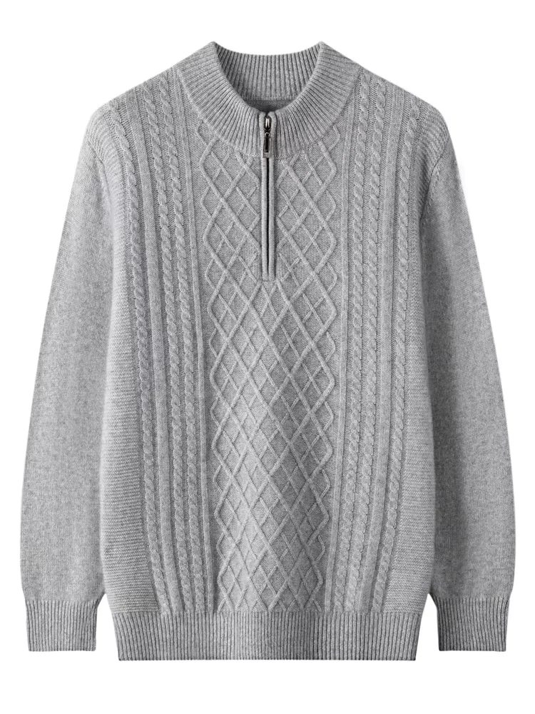 100% pure cashmere sweater men's half-high-neck zipper thickened twisted pattern knitted bottoming cashmere sweater