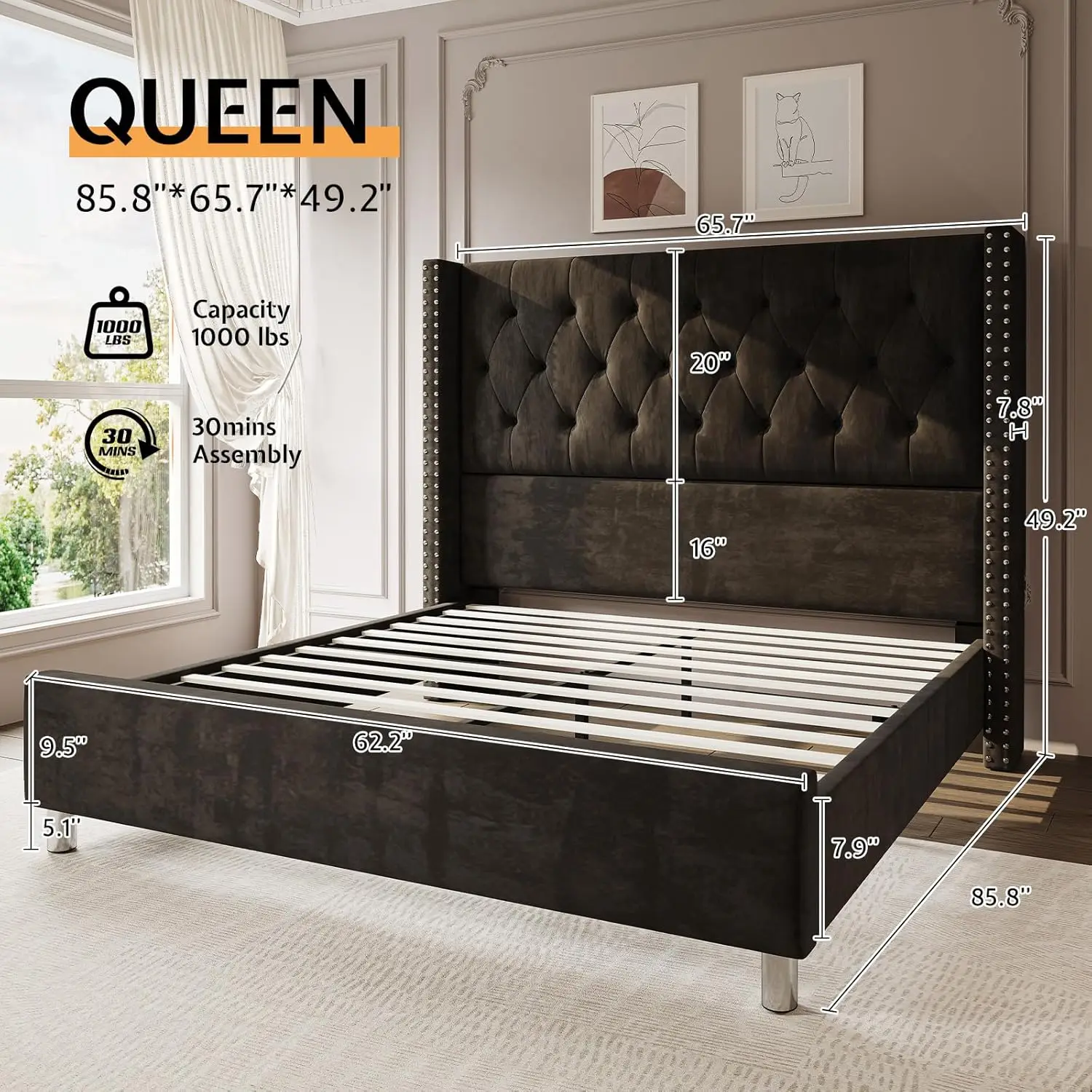 

Queen Bed Frame Upholstered Bed Wingback Headboard Velvet Tufted Diamond Button/No Box Spring Needed/Easy Assembly/Black