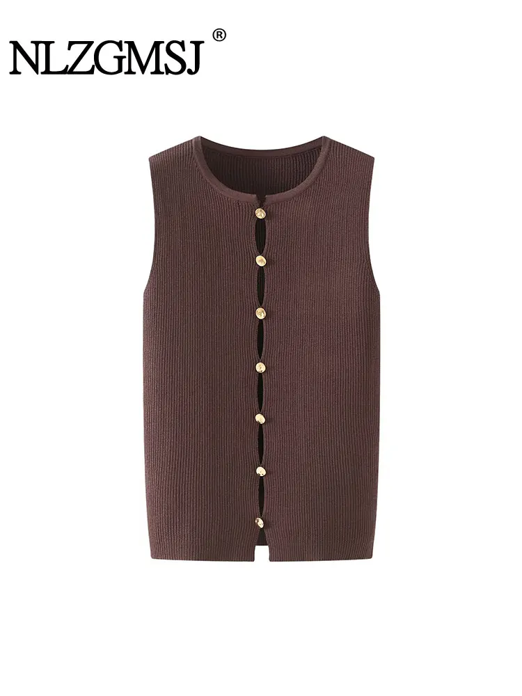 

NLZGMSJ женский винтажный шикарный жилет, однотонный однобортный вязаный свитер без рукавов с круглым вырезом, новый модный осенний женский топ