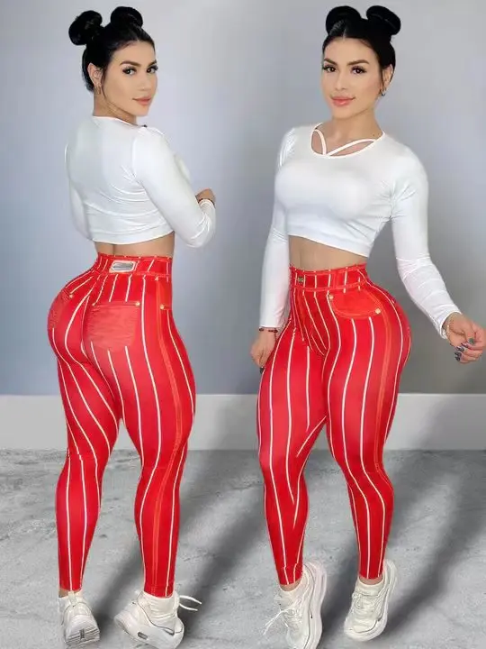 Frauen Hohe Taille Sport Leggings Streifen Druck Dehnbare Yoga Hosen Sexy Enge Fitness Workout Gym Push-Up Kausalen Hose – Detail 4