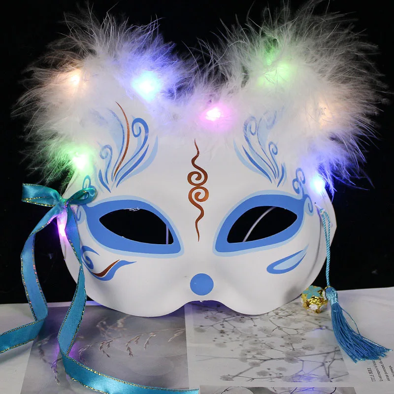 Masque de renard à LED Shoous pour cosplay japonais, masque pour les yeux phosphorescent clignotant, costume de rave, masques de chat demi-visage Anime, accessoires de fête MasTim ade