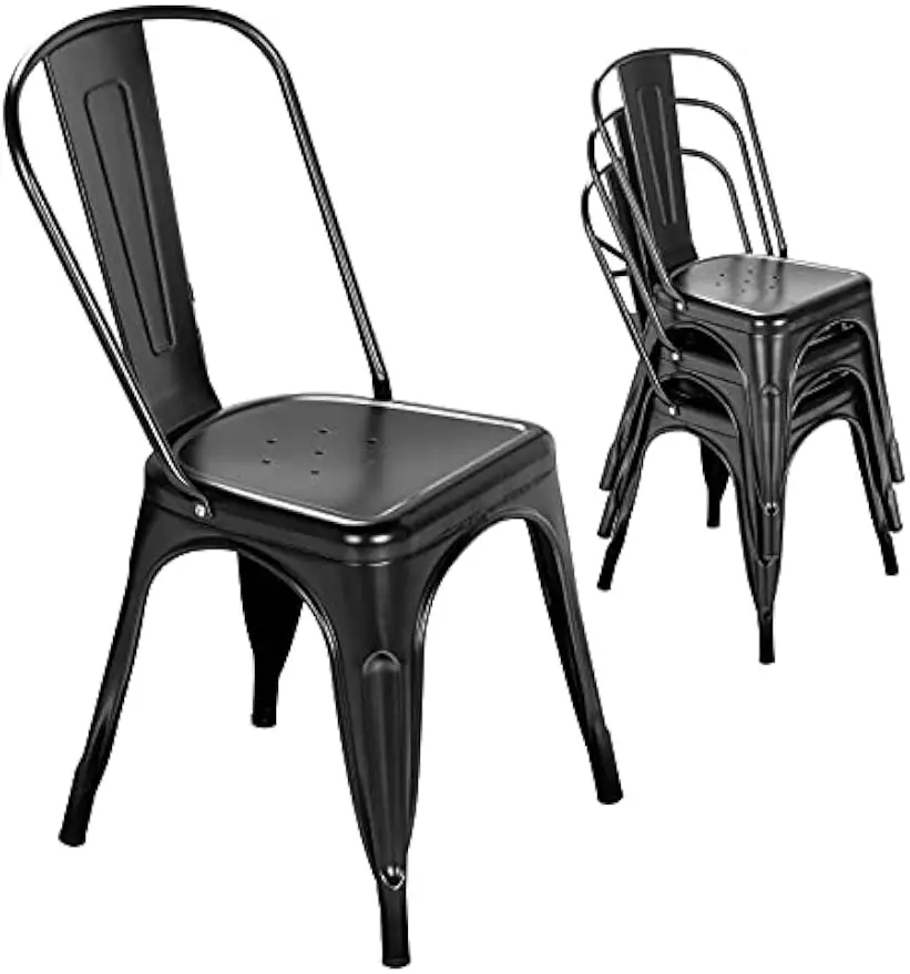 Metal Dining Chair Farmhouse Tolix Style for Kitchen Dining Room Café Restaurant Bistro Patio, 18 Inch, Stackable, Waterproof Indoor/Outdoor (Sets of 4) (Black)