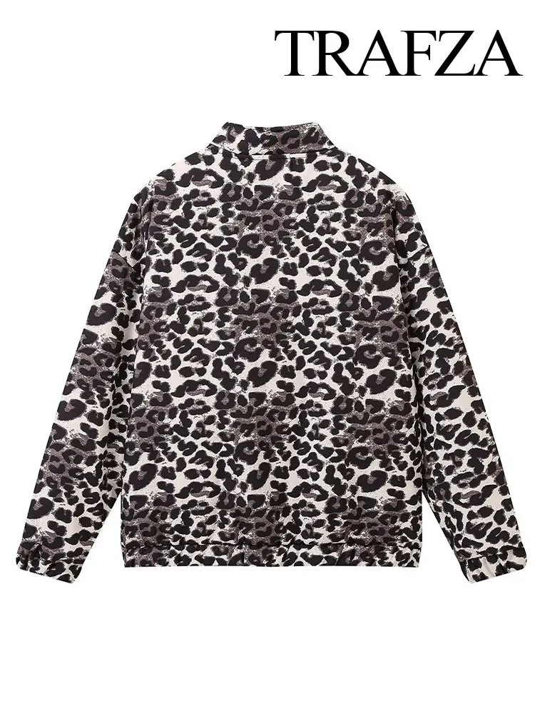 TRAFZA-abrigos de algodón con estampado de leopardo para Mujer, abrigo holgado informal de manga larga con cremallera y bolsillos, decoración de invierno