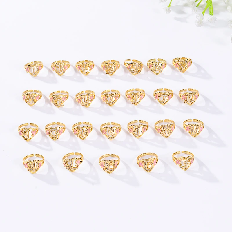 HIBODY Custom Alphabet Heart Shape Adjustable Rings Women's Fashion Hip Hop Personalized A-Z 26 Letter Ring Birthday Gifts