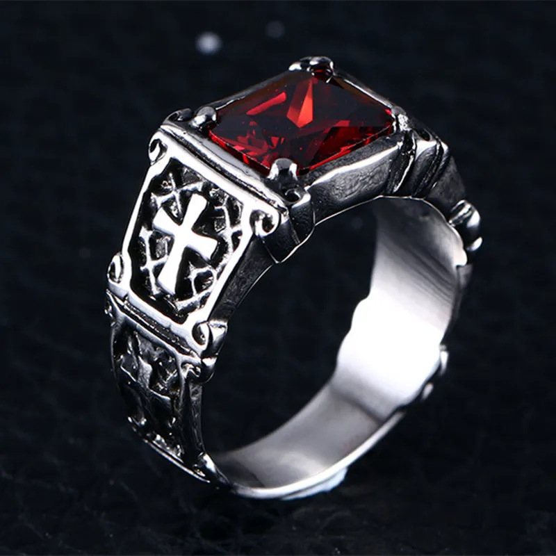 Fashion Persoonlijkheid Prachtige Rode Zirkoon Cross Patroon Ring Charm Mannen Party Sieraden Accessoires Amulet Gift