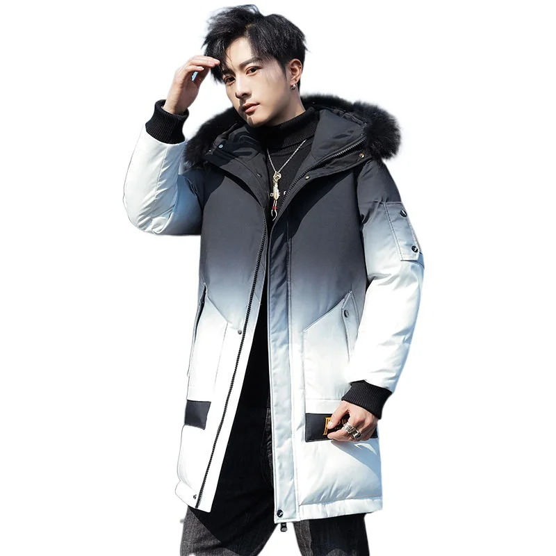 Man Winter Gradient Korean Version Trend Jacket Teenager Hooded Mid Length Tide Brand White Duck Down Coat High Quality Cashmere