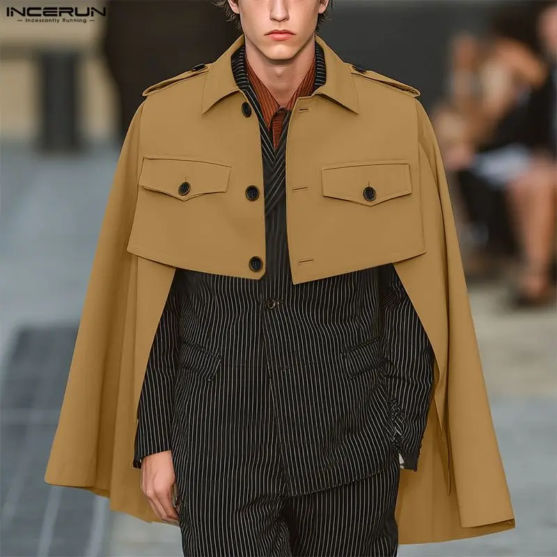 

INCERUN Men Irregular Trench Solid Color Cloak Cape Lapel Loose Casual Fashion Men Ponchos Coat Streetwear 2025 Male Crop Coats