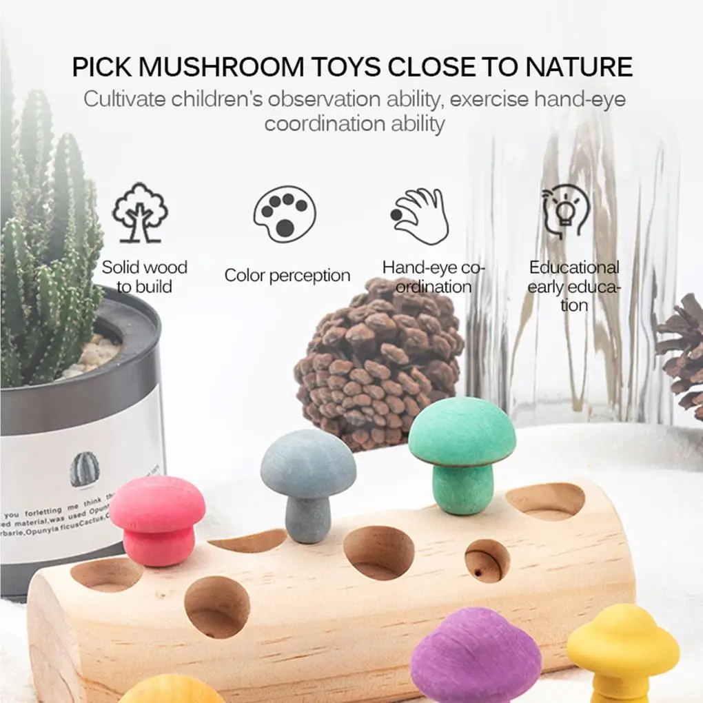 Wood Rainbow Blocks Lightweight Colorful Small Mushroom Picking Game