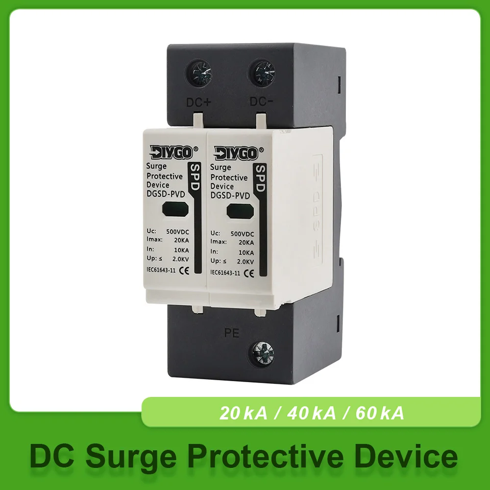 2P DC SPD Surge Protective Device Lightning Protection Arrester 10kA~20kA 20kA~40kA 30kA~60kA 500V/600V/800V/1000V Din Rail Type
