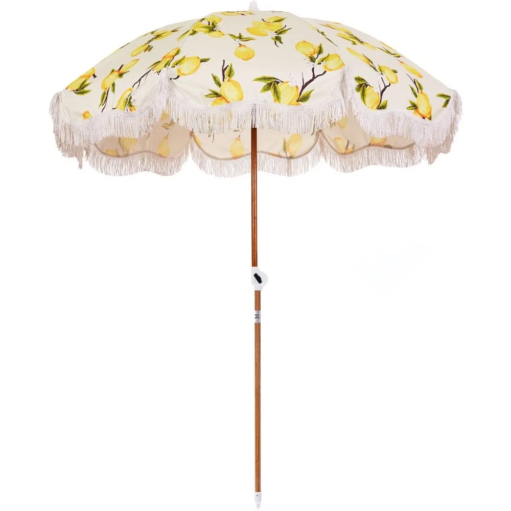 

Holiday Umbrella Business & Pleasure Co. — пляжный зонт в стиле бохо с белой бахромой, UPF 50+, наклонный деревянный столб 1 дюйм, 5 футов x 6,5», винт