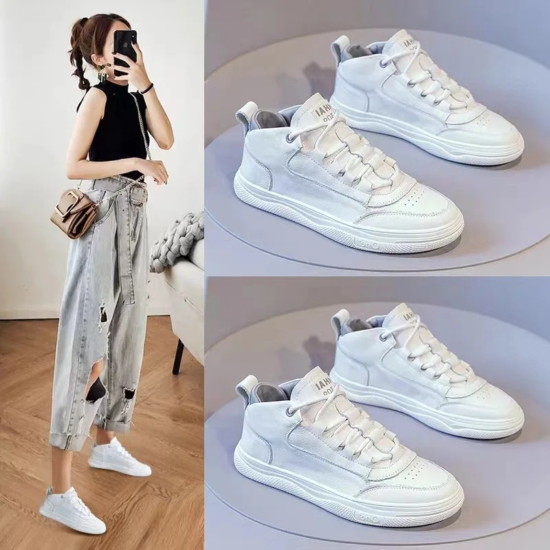 

White Leather Mid Top Sneakers For Women Slip On Design Round Toe Non Slip Flat Sole Casual Shoes With Gray Accent On The Heel V