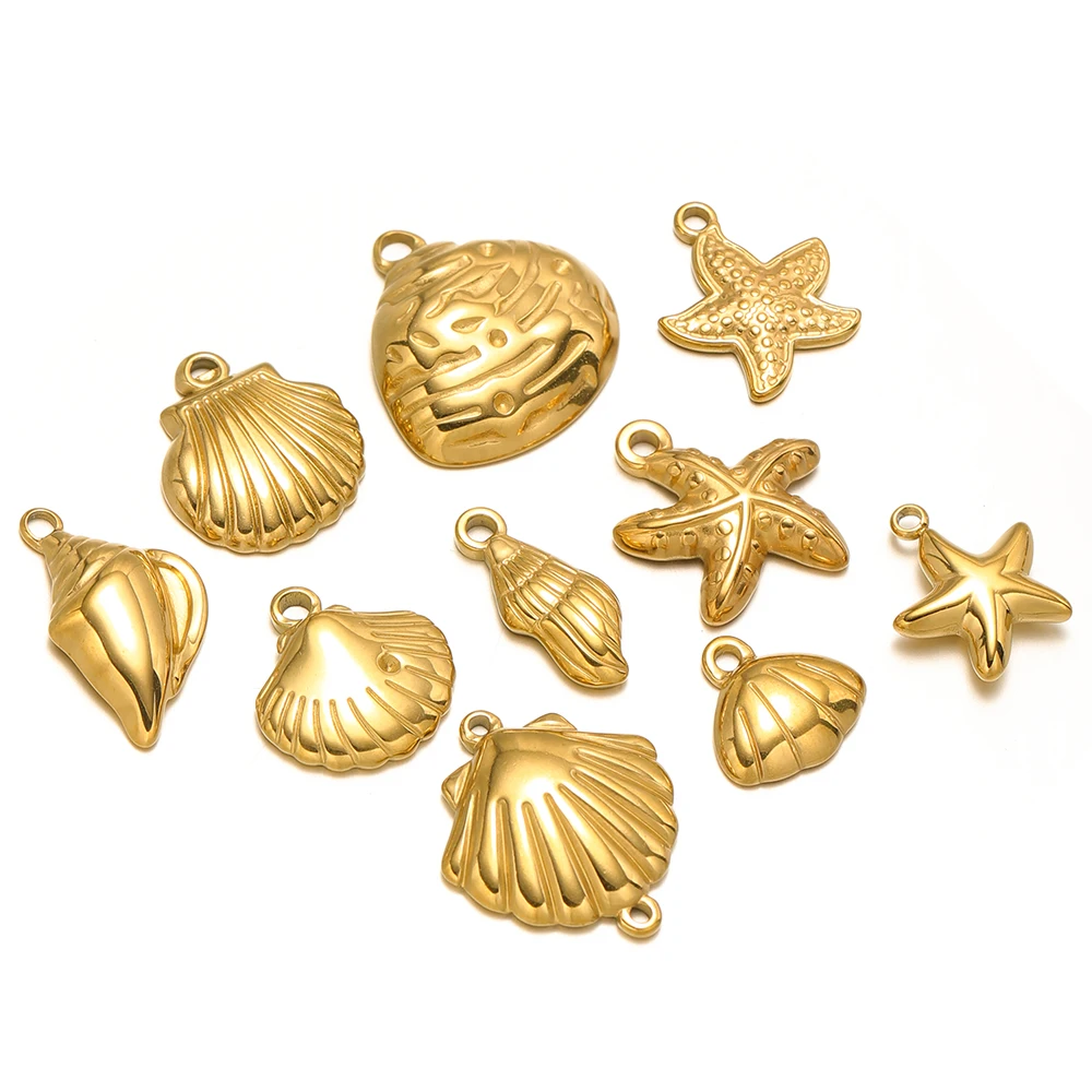 5 Stück Meeresstrand-Anhänger Muscheln Seestern Charms Edelstahl Meeres-Tier-Anhänger DIY Halskette Schmuckherstellung – Detail 5