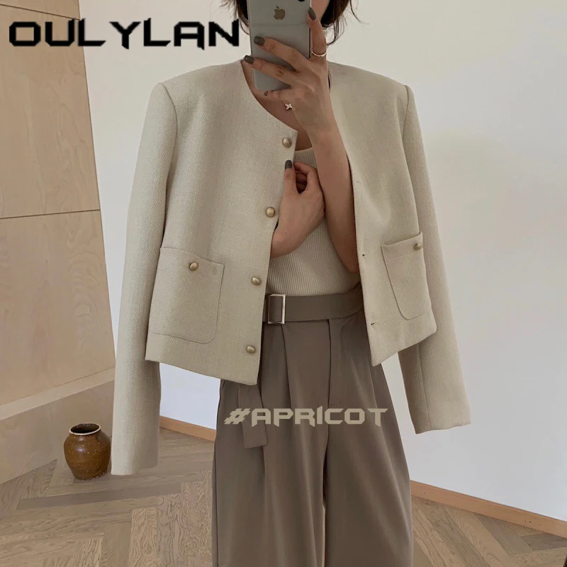 

2024 New Trend Women Metal Buckle Jacket Early Autumn Retro Minimalist Short Coat Blazer Ladies Solid Color O-neck Outerwears