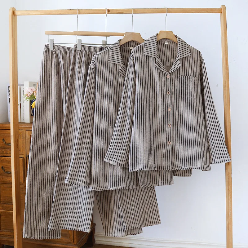 

Men's Cotton Casual Home Clothes Long Sleeve Long Pants Loose and Breathable Simple Gray Color Striped Printed Men Lounge Set