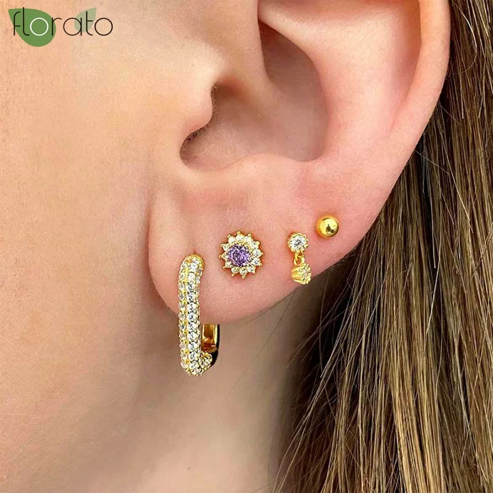 925 Sterling Silver Needle Sparkling Color Crystals Small Earrings Sunflower Stud Earrings for Women Wedding Fashion Jewelry