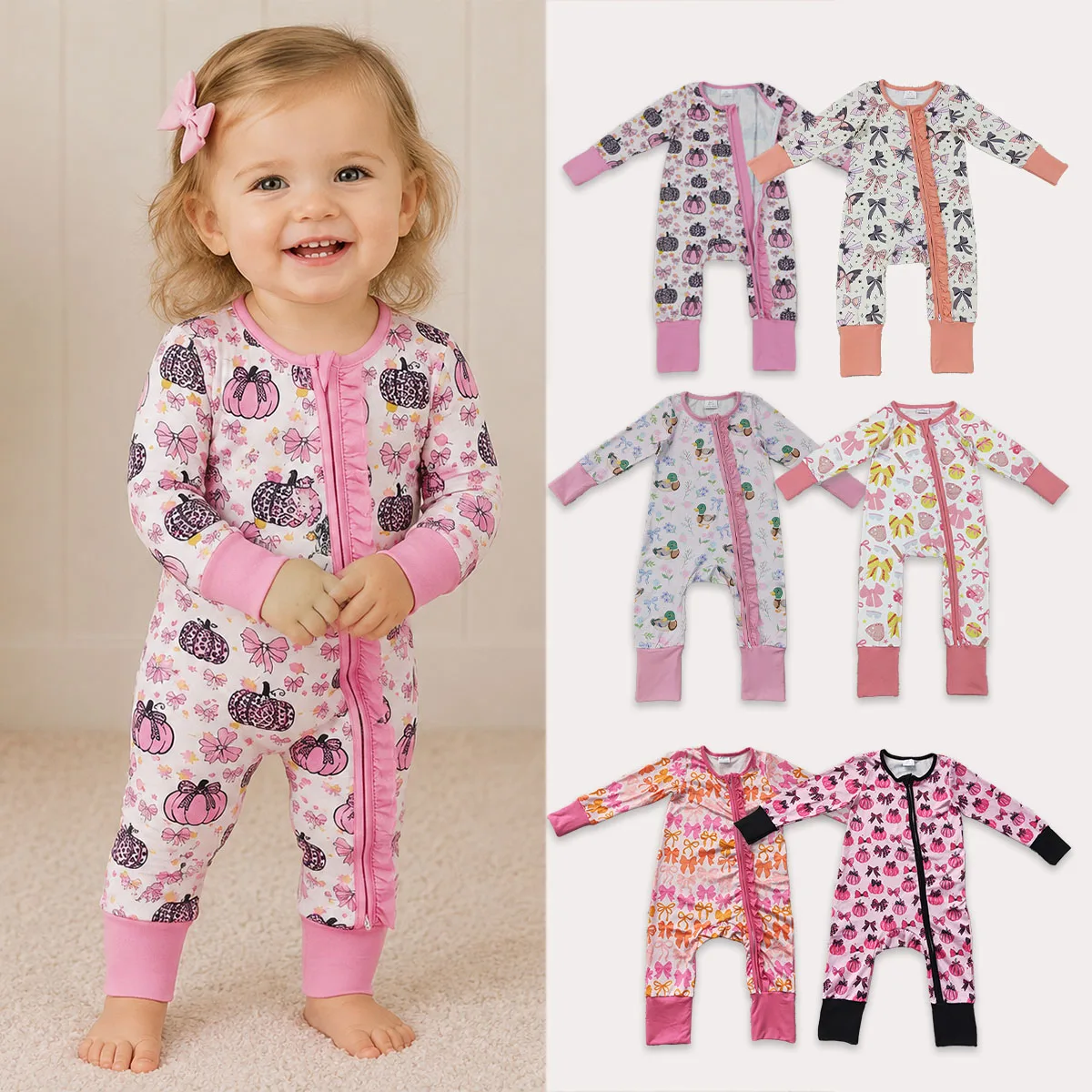 Newborn Bodysuit Baby Girls Clothes Pink Bows Leopard Pumpkins Fall Two Way Ruffle Zipper Convertible Romper Infant Onesies