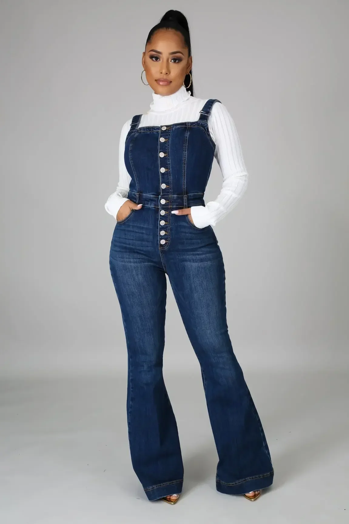 Dames denim jumpsuit Eendelige overall Jeans Wassen Wijde pijpen Broek Enkellange Sexy Basics Jumpsuits met enkele rij knopen Zakken