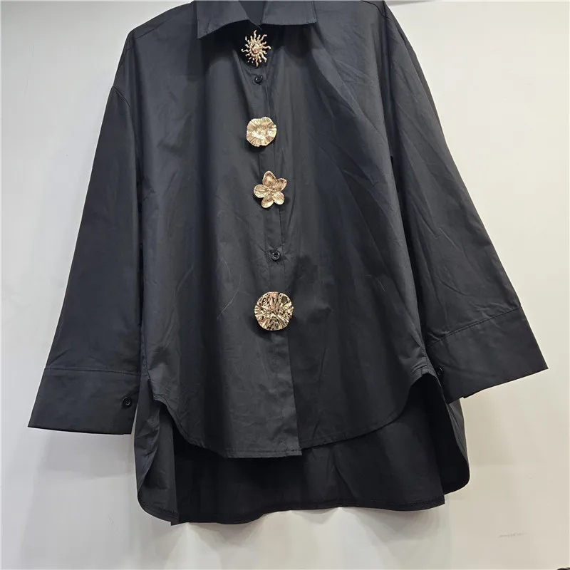 WTHT Nowa Modna Damska Koszula z Kwiatową Ozdobą na Guziki, Luźny Krój, Wiosna 2026, Modna Bluzka z Kołnierzykiem i Długimi Rękawami, Model Damski 1LS2794