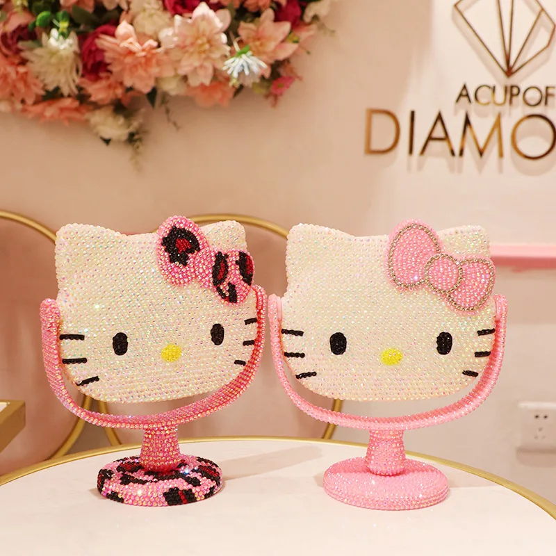 Sanrio Hello Kitty Vanity Mirror Cartoon Shiny Rhinestones Beauty Handheld Mirror Diamond Pink Girls Flip Girl Gift