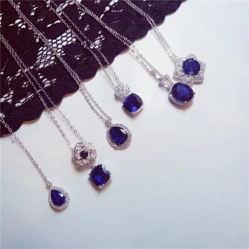 قلادة المعلقات لسلسلة نسائية مكونة من الياقوت الأحجار الكريمة غرامة مجوهرات بسيطة قلادة اكسسوارات الأزرق Colar هدية حفلة