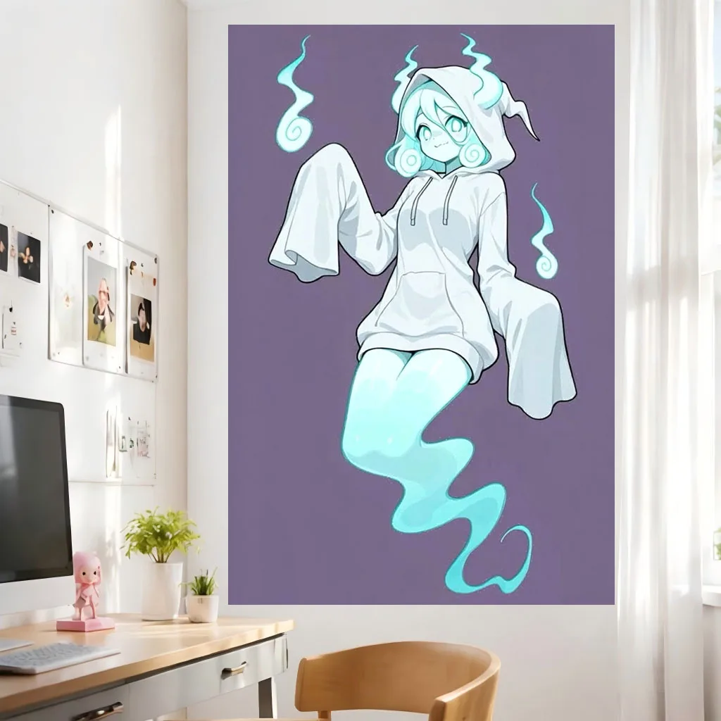 Spooky Kawaii Anime Tapestry Ghost Spirit Girl Cyan Glowing Cartoon Wall Hanging Art for Dorm Bedroom Halloween Aesthetic Room