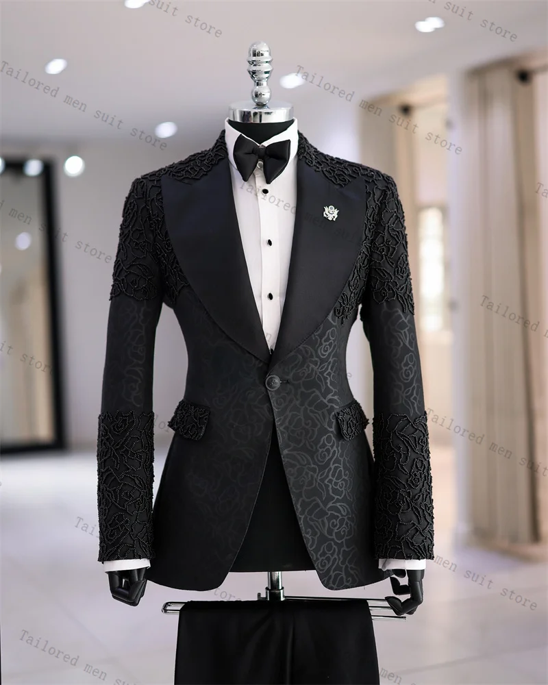 Conjunto de trajes negros de Jacquard para hombre, chaqueta de 2 piezas + pantalones de algodón, chaqueta de esmoquin para boda, abrigo Formal para oficina y novio de negocios