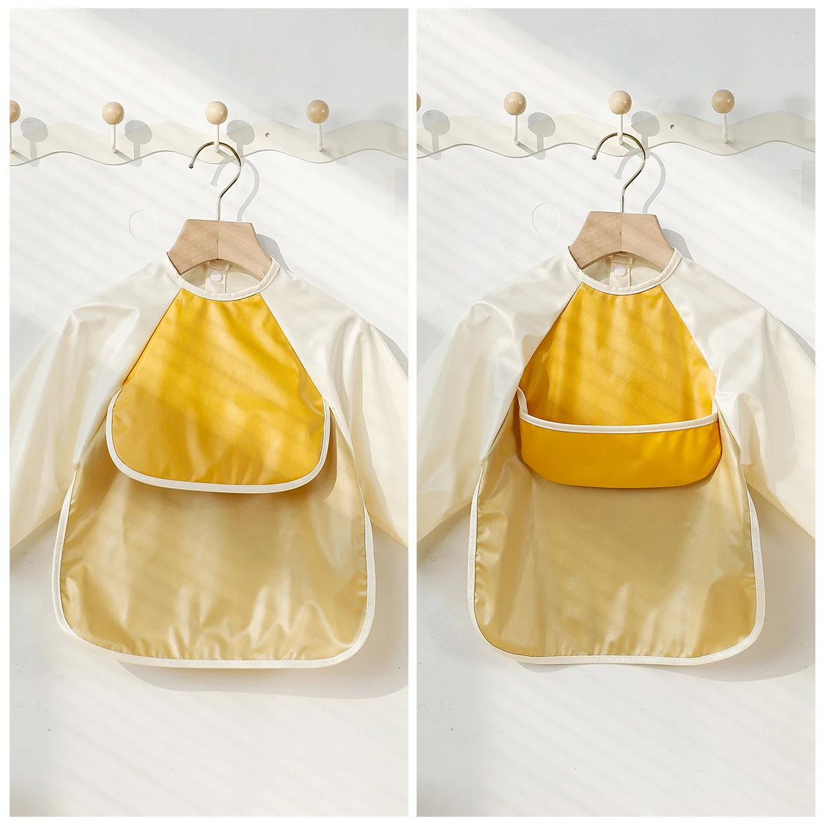 Happyflute Toddler Bib 1Pc Polyester Long Sleeve Adjustable Big Pocket Easy On Off Reusable Washable 1-3Y Feeding Painting Apron
