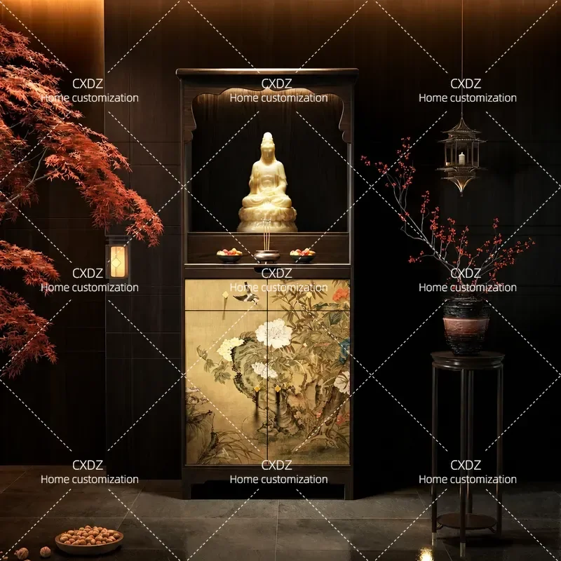 New Chinese Style Solid Wood Flower Bird Peony Shrine Cabinet Household Offering Platform Zen Vertical Cabinet Custom Altar