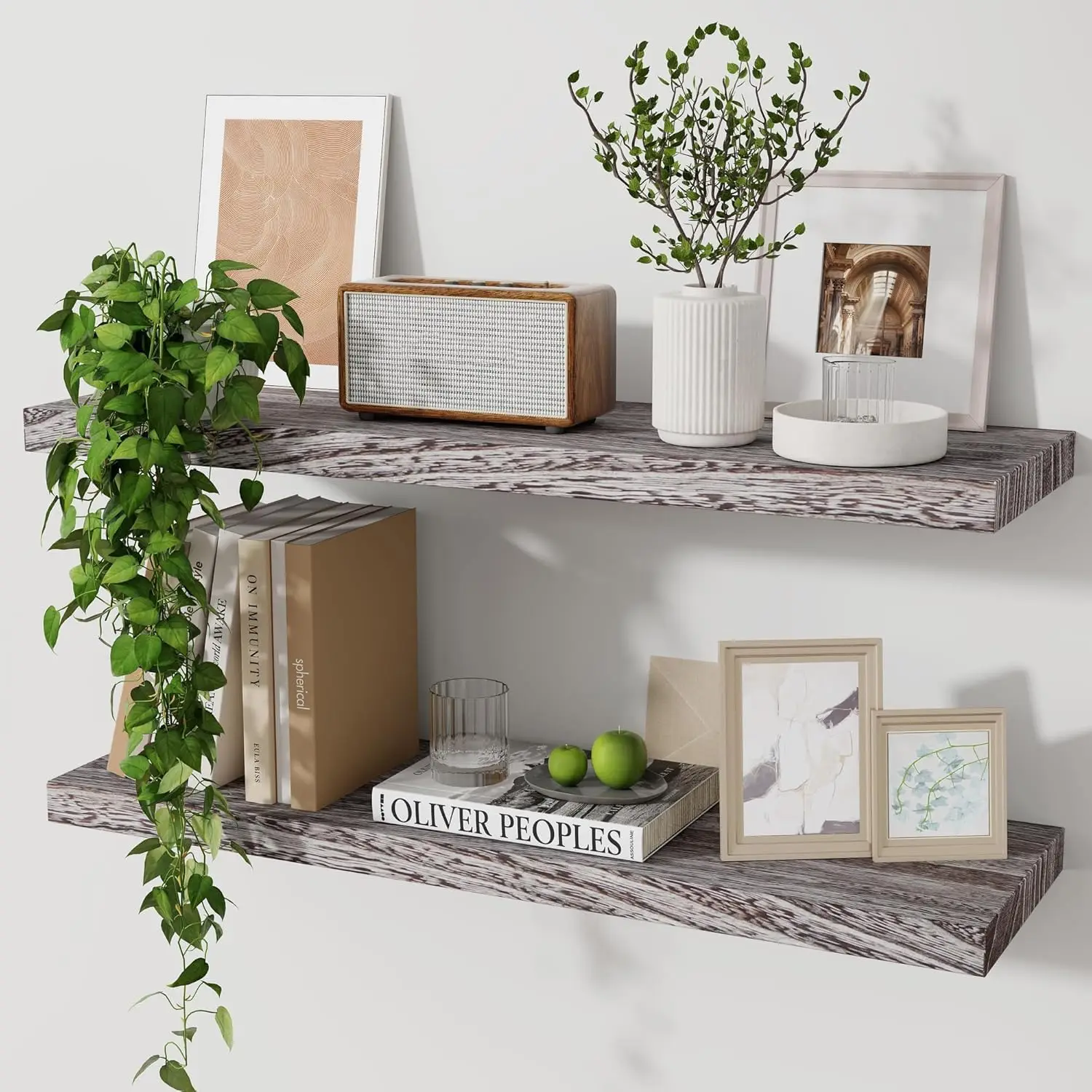 

Wood Floating Shelves for Wall Set of 2, 24 Inch Wide Rustic Wooden Floating Shelves, Invisible Wall Mounted Display fo