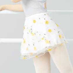 Women Ballet Dance Skirts Flower Embroidery Short Skirts Lace-up Dancing Skirt Adult Girls Dance Performance Dress Skirts