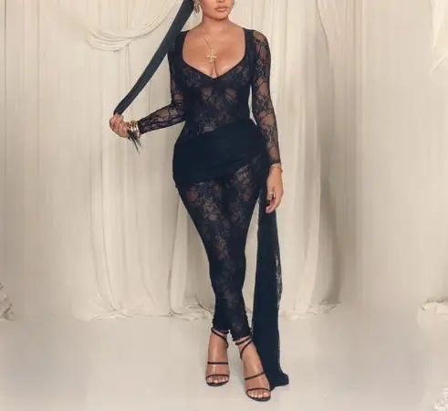 

2026 New Sexy Women's Autumn and Winter Round Neck Lace See Through Bag Waist Strap Elastic Long Sleeved Jumpsuit
