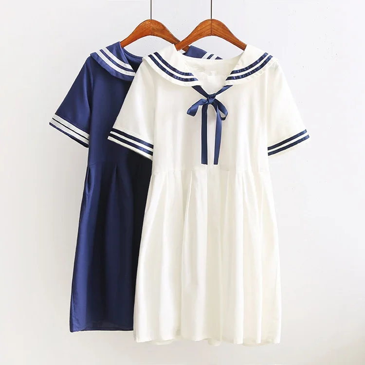 

New Japanese Preppy Style Lolita Dress Cosplay Costume Navy Style Sailor Bow Dress Women White Lolita Dress