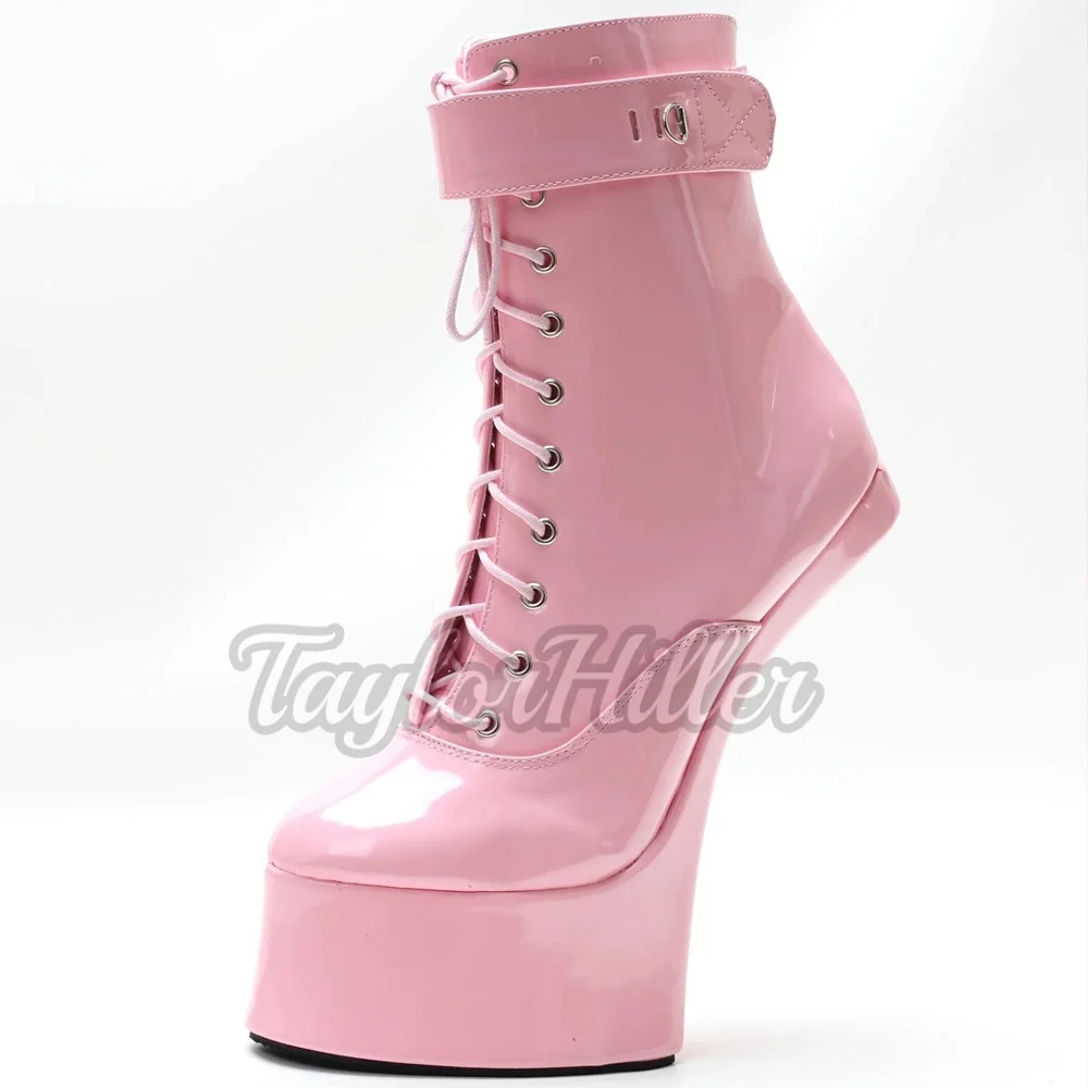 Pink Lace Up Boots Patent Leather Metal Lock Decor Mid-calf Booties Women Luxury Designer Dress Nightclub Shoes 2026 New Botas