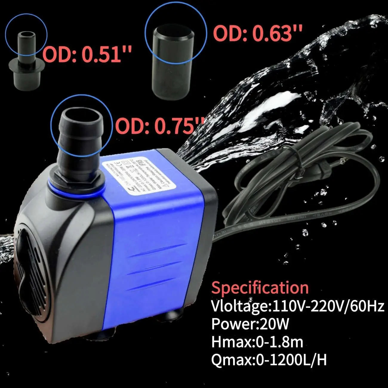 CHANCS CHA-1000 110V AC 310GPH Submersible Pump 1200L/H 20W Durable Adjustable Outdoor Fountain Pump Head 5.91ft High