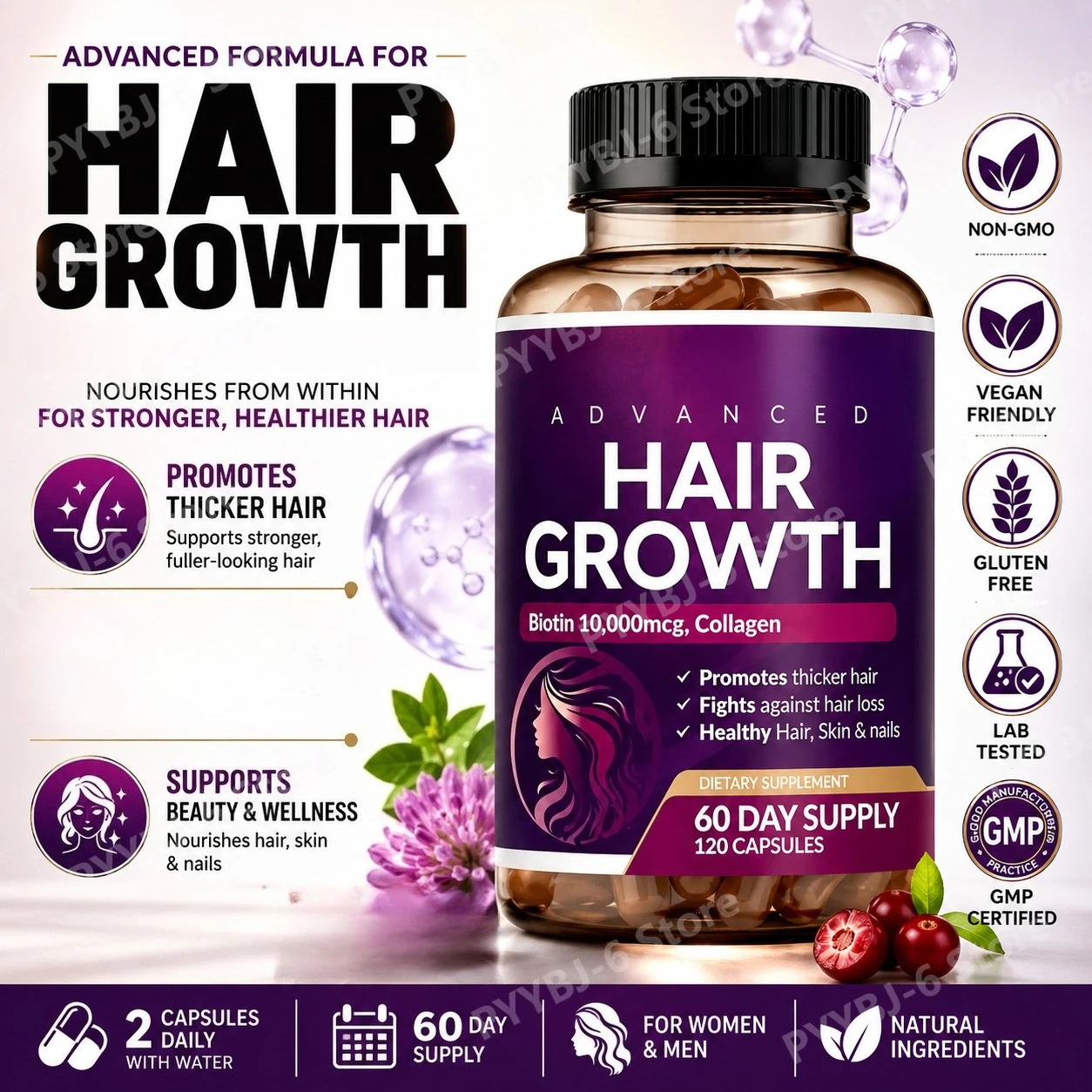 Advanced Hair Beauty Supplement with Biotin 10000mcg Collagen Keratin Supports Thicker Looking Hair Skin Nails 120 Capsules