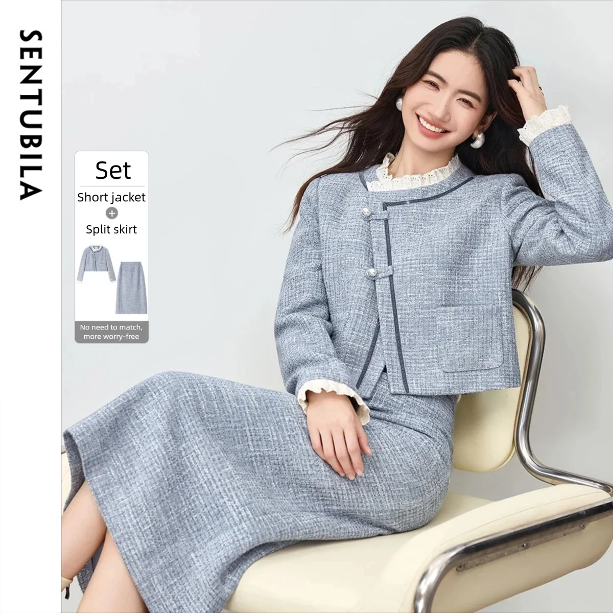 SENTUBILA-Conjunto de falda para mujer, abrigo corto elegante de Tweed pequeño y fragante, Falda recta dividida, traje a juego, otoño 2025 154ZJ3833