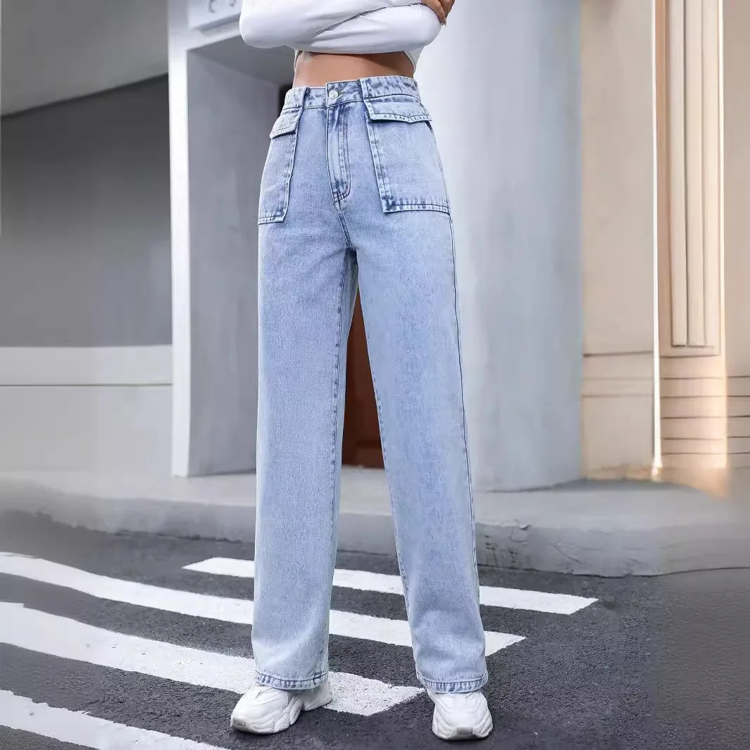 

Cargo Spliced Ankle Length Denim Washed Pants Women Distressed Zipper Fly Jean Straight High Waist Jeans Basics Loose 2024