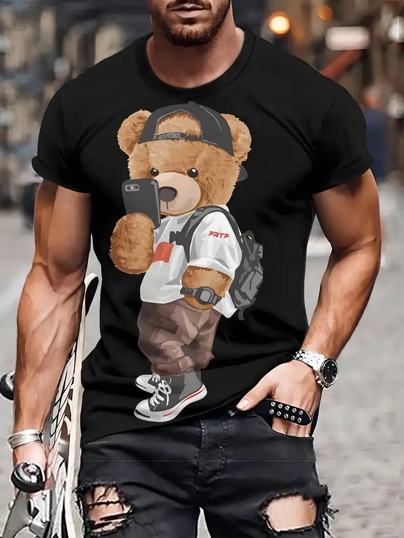 2026 New Men Hip Hop Gangster Teddy Bear Print T-shirt Trend Street Biker O Neck Short Sleeve Tees Summer Casual Tops