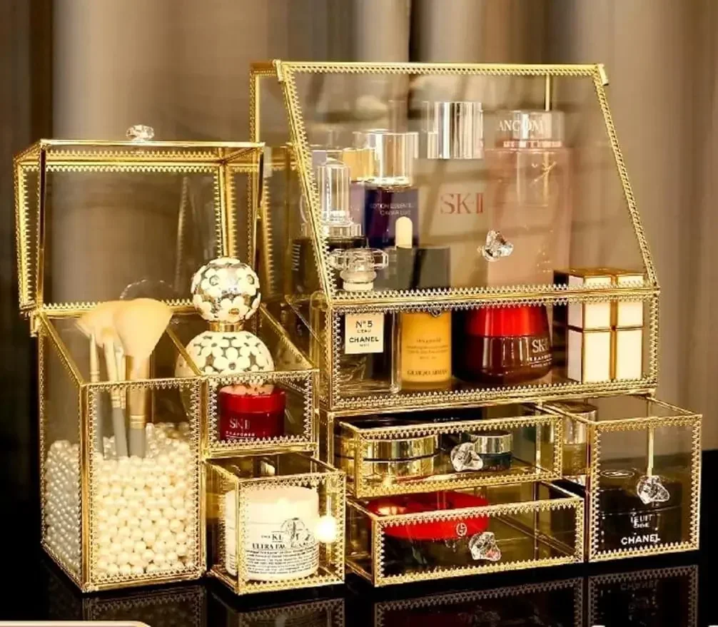 

Glass Gold Bathroom Organizer/Stackable 2Pieces Drawer Set Storage/Antique Countertop Vanity Cosmetic Storage Box Mirror