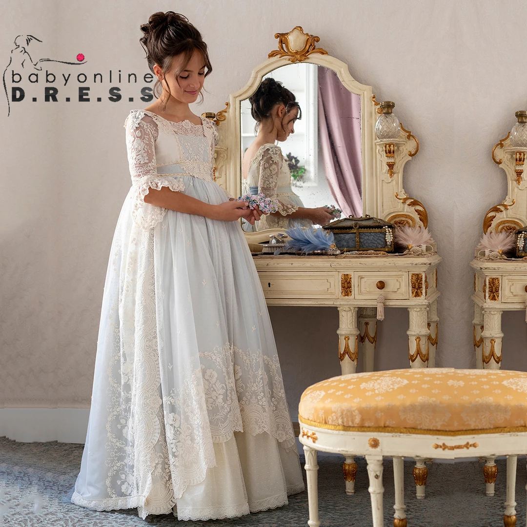 BABYONLIN Communion Ceremony Dress Illusion Laces V-back Half- Sleeve Double Layered Floral Belt Beige Embroidery Party Gowns