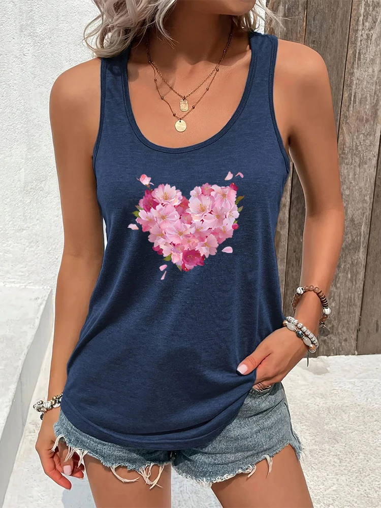 Flower Heart Graphic Tank Top Women Trendy Pink Hearts Floral Summer Short Tops Woman Flower Lover Gift Summer Racerback Tanks