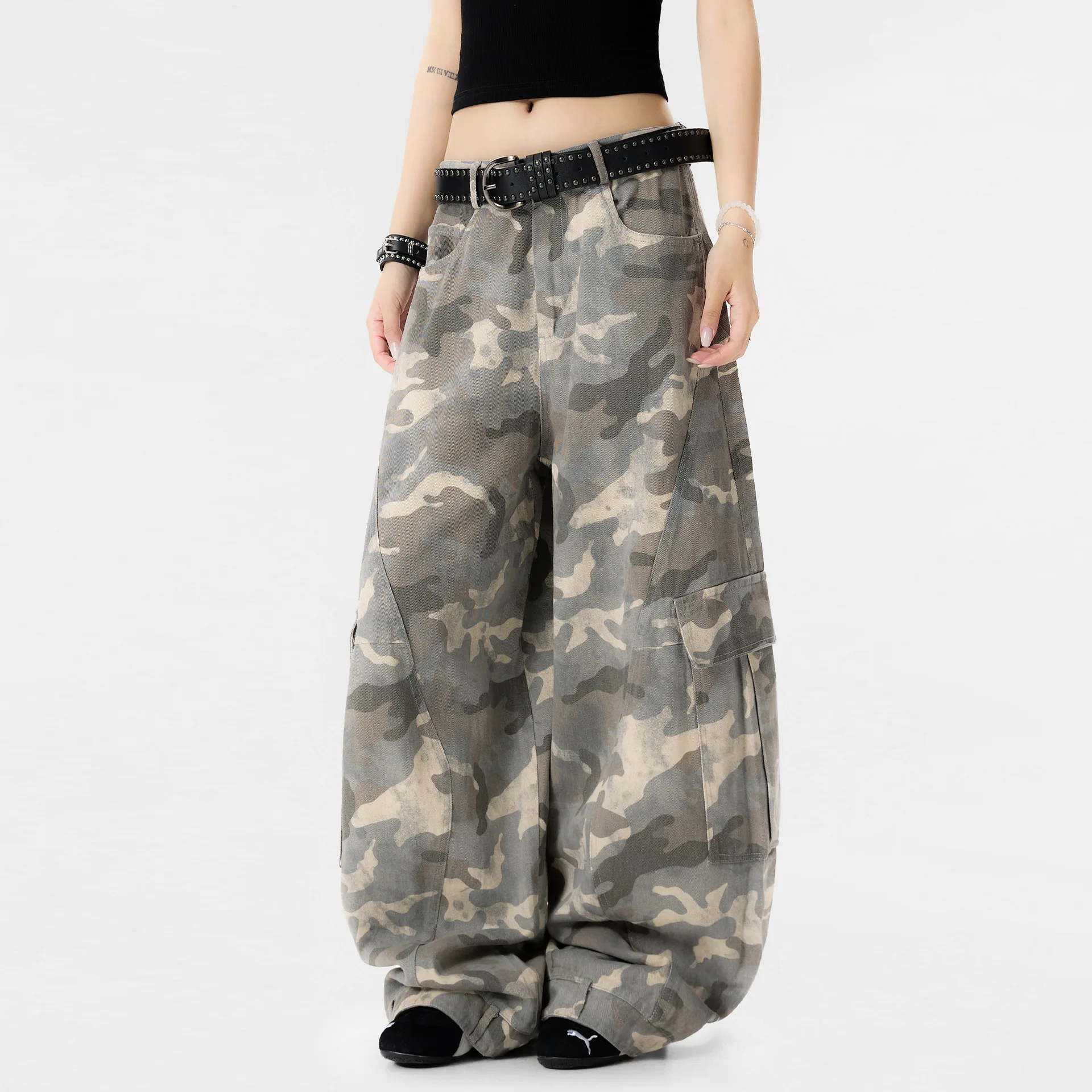 OR FL American Style Retro Wide Leg Camouflage Curved Knife Women's 100 cotton Cargo Trousers  High Street Casual Pants Women