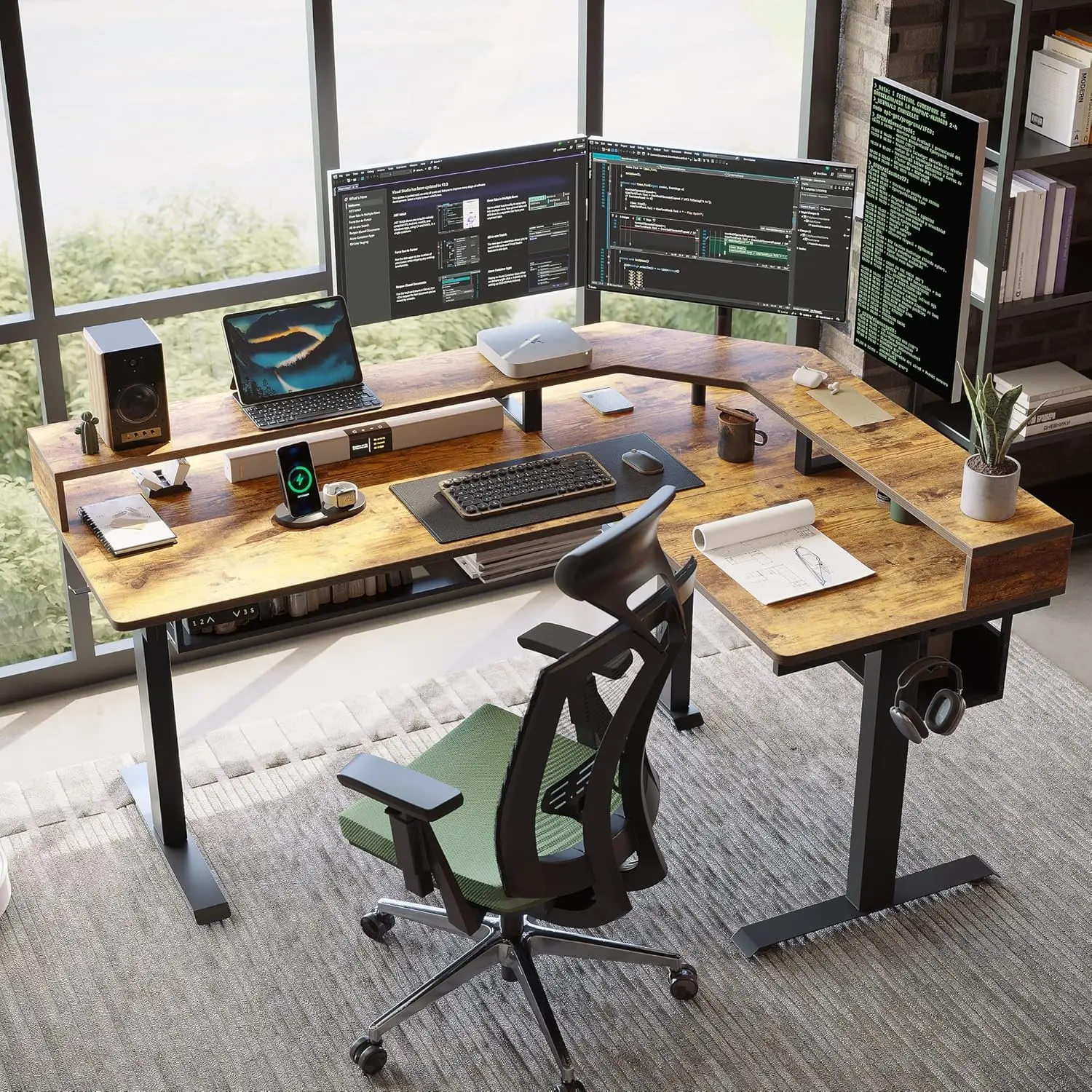 Large Storage Adjustable Desk with Triple Motors,Corner Desk Double Shelves with Light Strip, RusticBrown