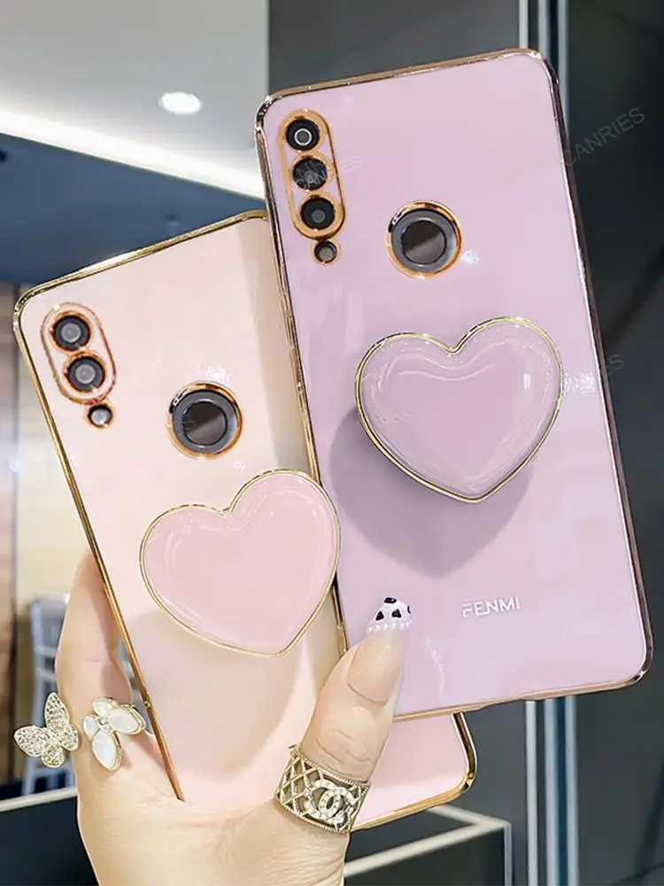 Love Heart Phone Holder Luxury Plating Case For Huawei P20 P30 P40 Lite P50 P60 P Smart Pro Plus 2019 Y9s Stand Silicone Cover