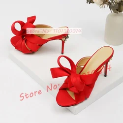 Red Ribbon Knotted Mules High Heels Women Chic Open Toe Gold Rivet Embellished Satin Slippers Female Outdoor Foldover Shoes