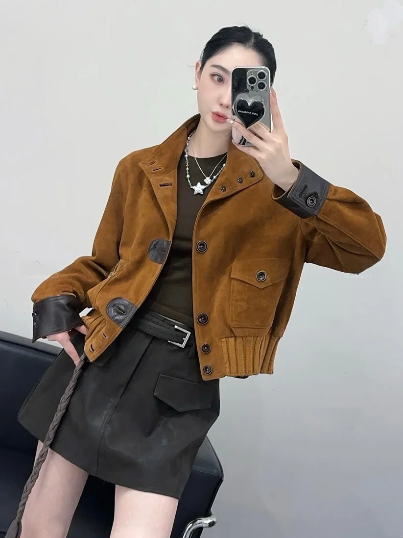 

Новая женская кожаная куртка из овчины 2025 года: приталенная, универсальная, для повседневной носки, с длинными рукавами и воротником-стойкой