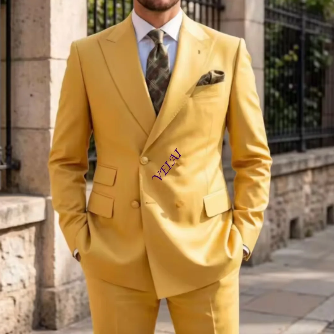 Mens Olive Green Double Breasted Suits 2 Pieces Tailored Fit Wedding Tuxedo Peak Lapel Gold Buttons Flap Pockets for  Customized
