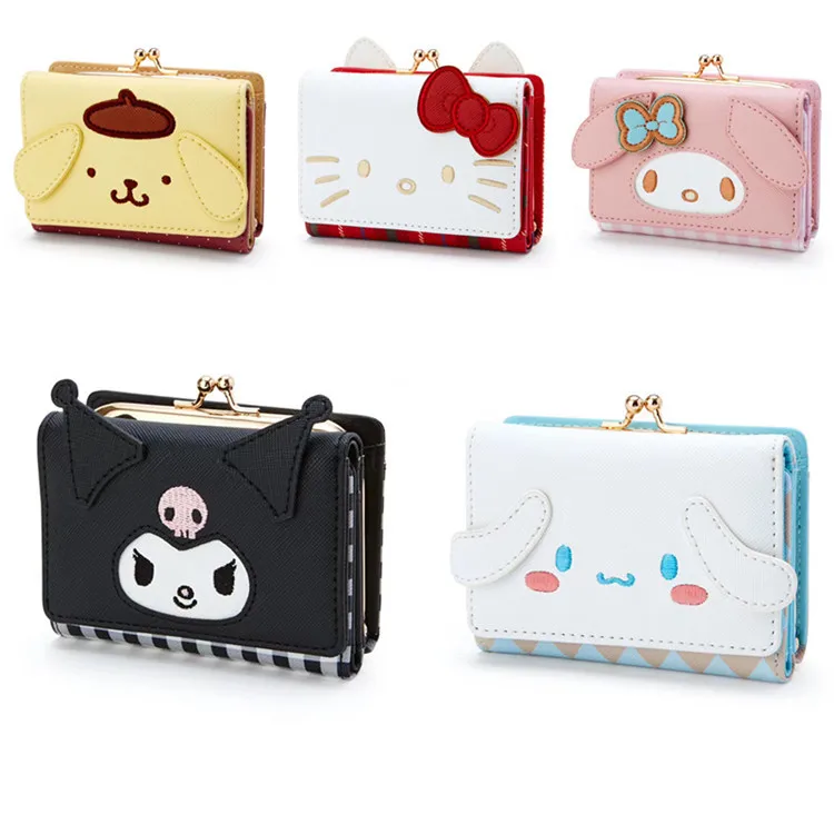 Sanrio-cartera de piel sintética con estampado de Hello Kitty para mujer, cartera plegable con estampado de "My Melody Cinnamon Roll", bonita Cartera de piel sintética para regalo