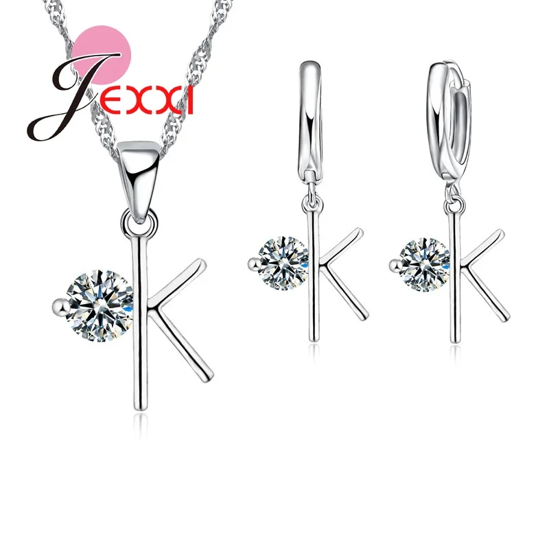 Trendy Silver Color Color Crystal Letter K Pendant Necklace Earrings Jewelry Set for Women Girls Party Fashion Jewelry