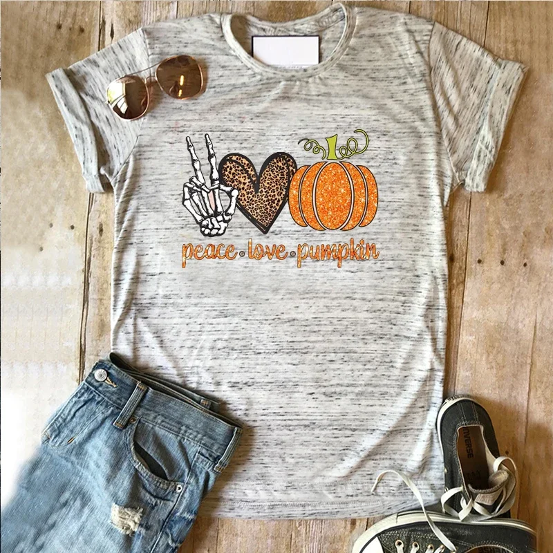 Peace Love Pumpkin Shirt Harajuku Funny Skeleton Graphic Tee Cartoon Horrible T-Shirt Halloween Pumpkin Woman Tshirts Black